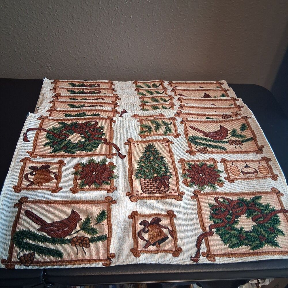 Placemats by Christmas House Set Of 6 Tapestry Holiday 20x13 Bird-Wreath-Tree